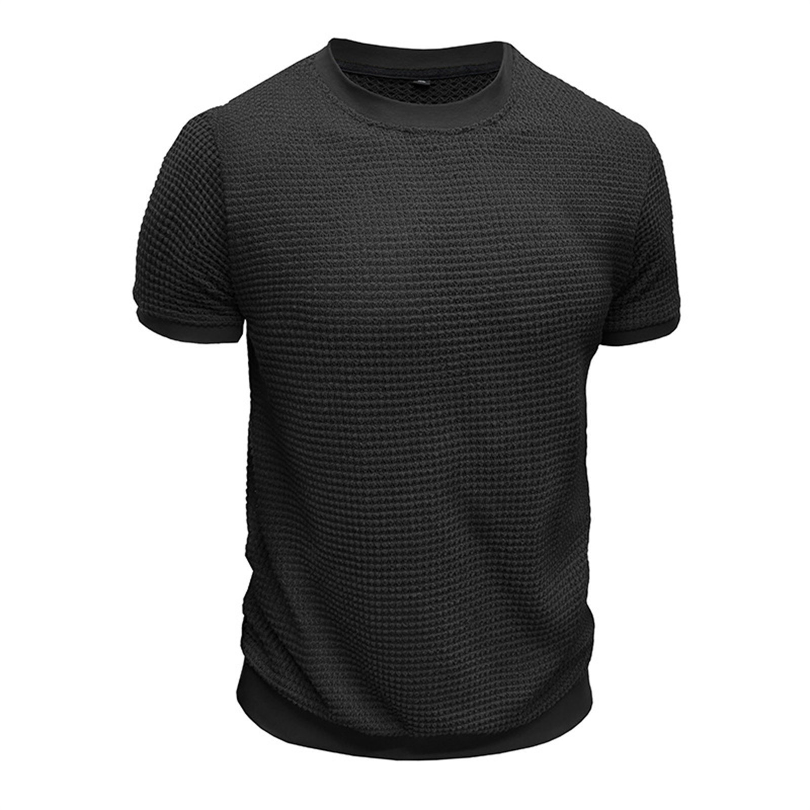 thumbnail image 2 of Camiseta de manga corta de punto para hombre - Color liso, diseño acanalado, deportiva informal - S-XXL, 2 of 6